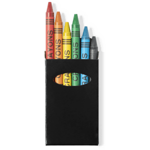 A crayon set featuring five crayons in orange, yellow, green, blue, and grey, packaged in a black sleeve with a cut-out.