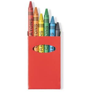 A red crayon box holding six crayons in red, orange, yellow, green, blue, and black, featuring a logo on the front.