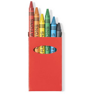 A crayon set featuring five crayons in vibrant colours, enclosed in a red packaging with an oval cut-out.