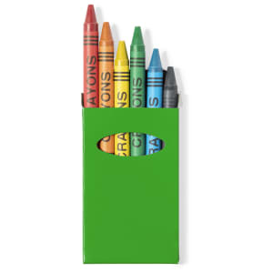 A green case containing six crayons in red, orange, yellow, green, blue, and black.