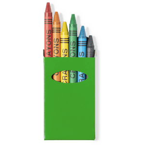A green crayon box containing six crayons in red, orange, yellow, green, blue, and grey. It features a logo.