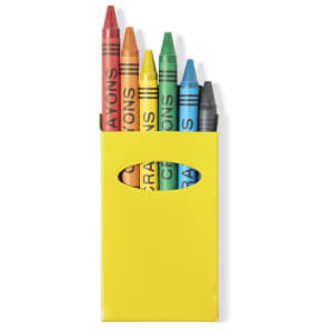 A yellow packaging holds five crayons in various colours: red, orange, green, blue, and black, with a logo on the front.