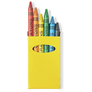 A yellow crayon box containing five crayons in red, orange, green, blue, and grey, with branding on the packaging.