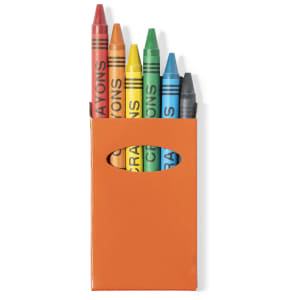 A set of six crayons in orange packaging, featuring red, yellow, green, blue, and black colours.