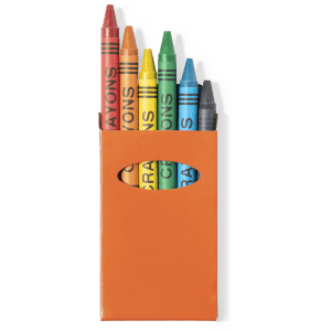 A crayon set in an orange holder, featuring red, yellow, green, blue, and grey crayons. The holder has a logo.
