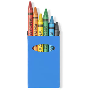 A blue holder containing six crayons in red, orange, yellow, green, blue, and black. The holder has a logo.