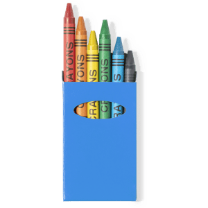 A blue crayon box containing five crayons in red, orange, yellow, green, blue, and grey colours.