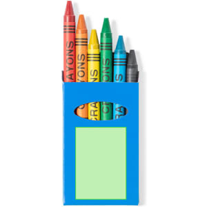 A blue crayon box containing six crayons in red, orange, yellow, green, blue, and black.