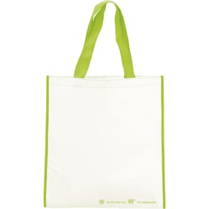 A tote bag in white with green handles, featuring a simple design and a logo.