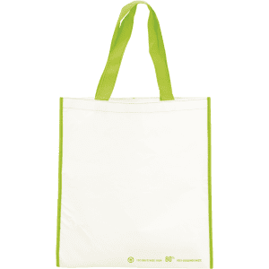 A white tote bag with green straps and branding at the bottom. Simple and lightweight design.