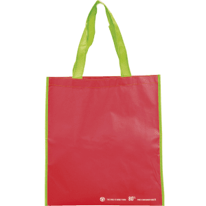 A tote bag in red with bright green handles, featuring a logo. Made from post-consumer material.