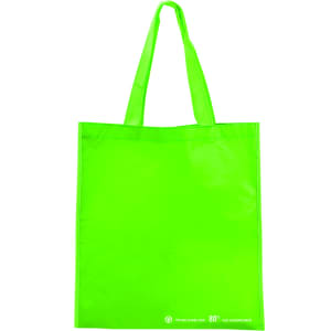 A bright green tote bag featuring shoulder straps and a simple design. The bag includes a logo on one side.