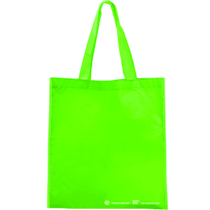 A bright green tote bag with two handles and a branding logo at the bottom.