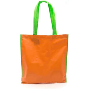 An orange tote bag with green handles, featuring a logo on the front.