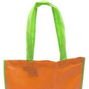 A bright orange tote bag with green handles and a simple design, featuring a logo on one side.