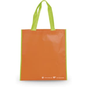 An orange tote bag with green handles. The bag has a logo on one side.