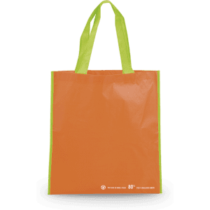 An orange tote bag with green handles and a logo. The bag is made from durable material.
