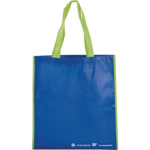 A blue tote bag with green handles, featuring a logo at the bottom.