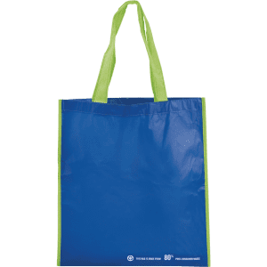 A tote bag featuring a blue body with green handles and a logo on the bottom.