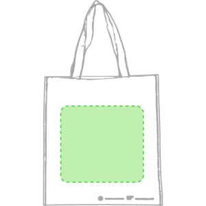 A white tote bag with green stitching and a blank square area for custom designs. Includes a branding logo.
