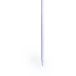 A grey-lead pencil with a white body, featuring a logo, standing upright on a light surface.