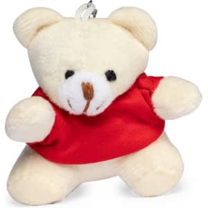 A cute, creamy teddy bear keyring wearing a red shirt, featuring a small attachment loop.