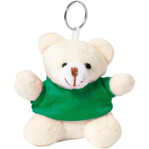 A cream teddy bear keyring wearing a green T-shirt, featuring a metal keychain attachment.