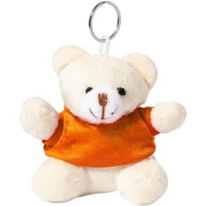 A small teddy bear keyring in white and orange, featuring a plush texture and a cheerful face, with a metal keyring attachment.