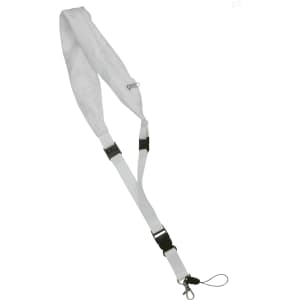 A white lanyard with adjustable clips and a hook accessory, suitable for holding identification or badges.