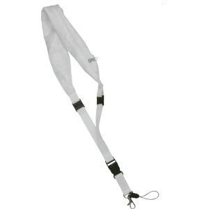 A white lanyard with adjustable straps and a detachable clip, featuring a logo. Ideal for events and exhibitions.
