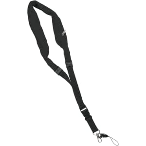 A black lanyard designed for holding ID cards or passes, featuring a clip and adjustable buckle.