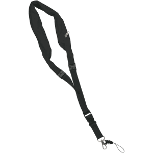 A black lanyard with adjustable features and a clip attachment. It has a sleek, simple design.