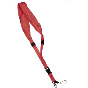 A red lanyard with a clip and adjustable buckles, featuring a textured strap design.