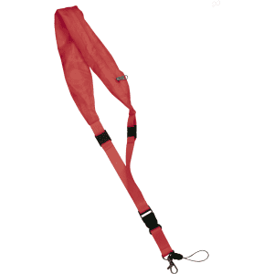 A bright red lanyard with adjustable clips and a branding logo, designed for exhibitions and events.