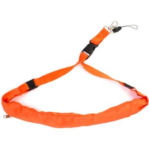 An orange lanyard with a clip and adjustable buckle, designed for carrying badges or ID cards.
