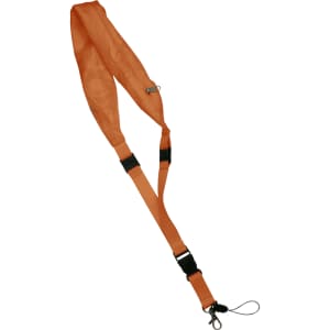An orange lanyard with a clip and adjustable buckles, suitable for holding items.