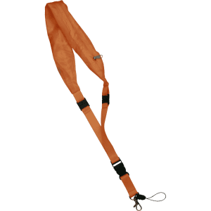 An orange lanyard with adjustable clips and a connector, suitable for holding badges or ID cards.