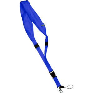 A blue lanyard with adjustable clips and a logo, designed for use at exhibitions and events.