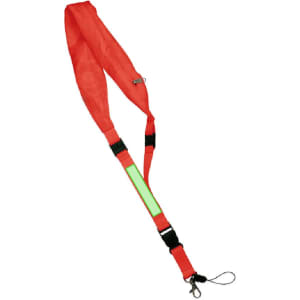 A red lanyard with a reflective strip, featuring a clip at one end for attaching items.