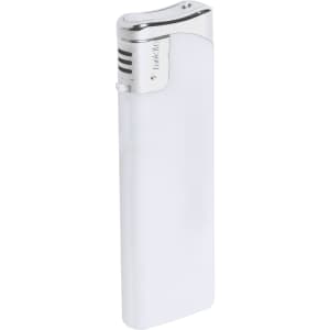 A plain white lighter with a silver top and a small logo.