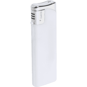 A plain white lighter with a metallic top and a branding logo.