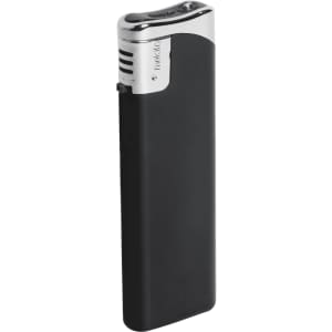 A plain black lighter with a silver top and an integrated logo.