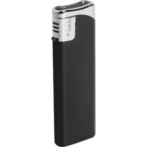 A plain black lighter with a silver top and branding on the side.