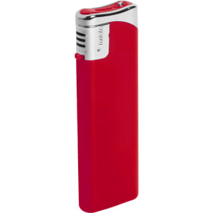 A red lighter with a silver top, featuring a logo on the side.