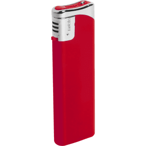 A red lighter with a shiny silver top, featuring a logo on the side.