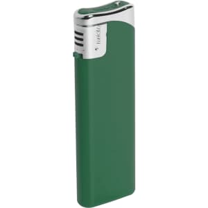 A green plain lighter with a silver metallic top and a logo on the side.
