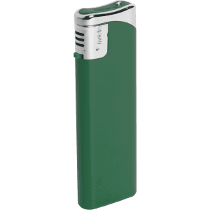 A green plain lighter with a silver top and a logo on the side.