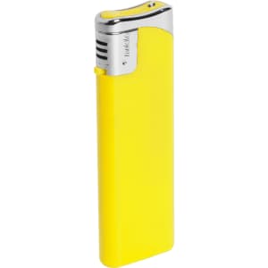 A yellow lighter with a shiny silver top, featuring a logo on the side.