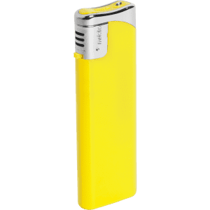 A yellow plain lighter with a silver top and a sleek design. It has a logo on the side.