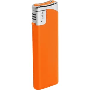 An orange plain lighter with a metallic top and a logo.